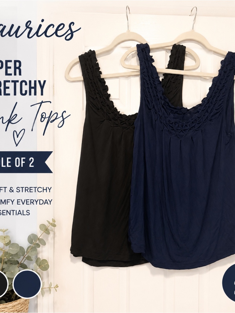Maurices Navy & Black Smocked Scoop Neck Tank Tops - 2 Pack